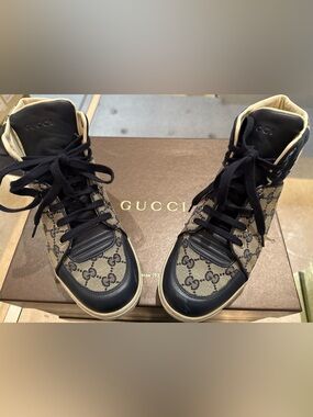 Gucci High-Top GG Canvas Sneakers in Beige and Black